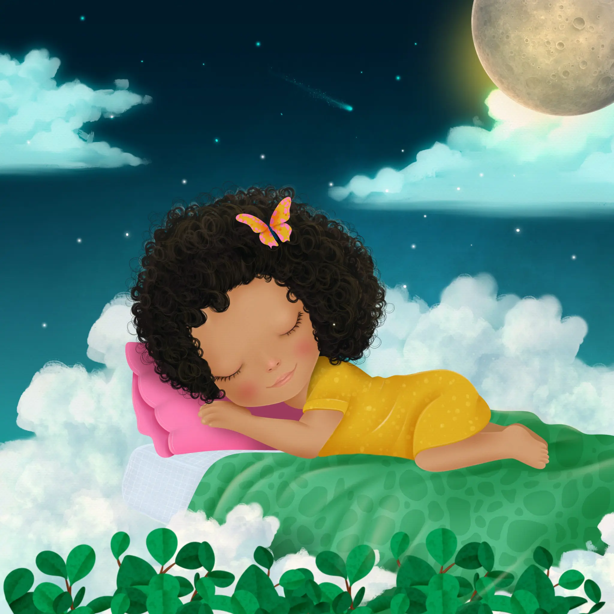 Child sleeping on clouds under moonlight.
