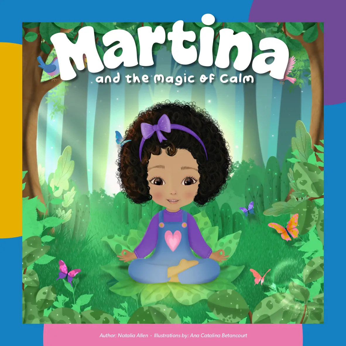 Girl meditating in a colorful forest.