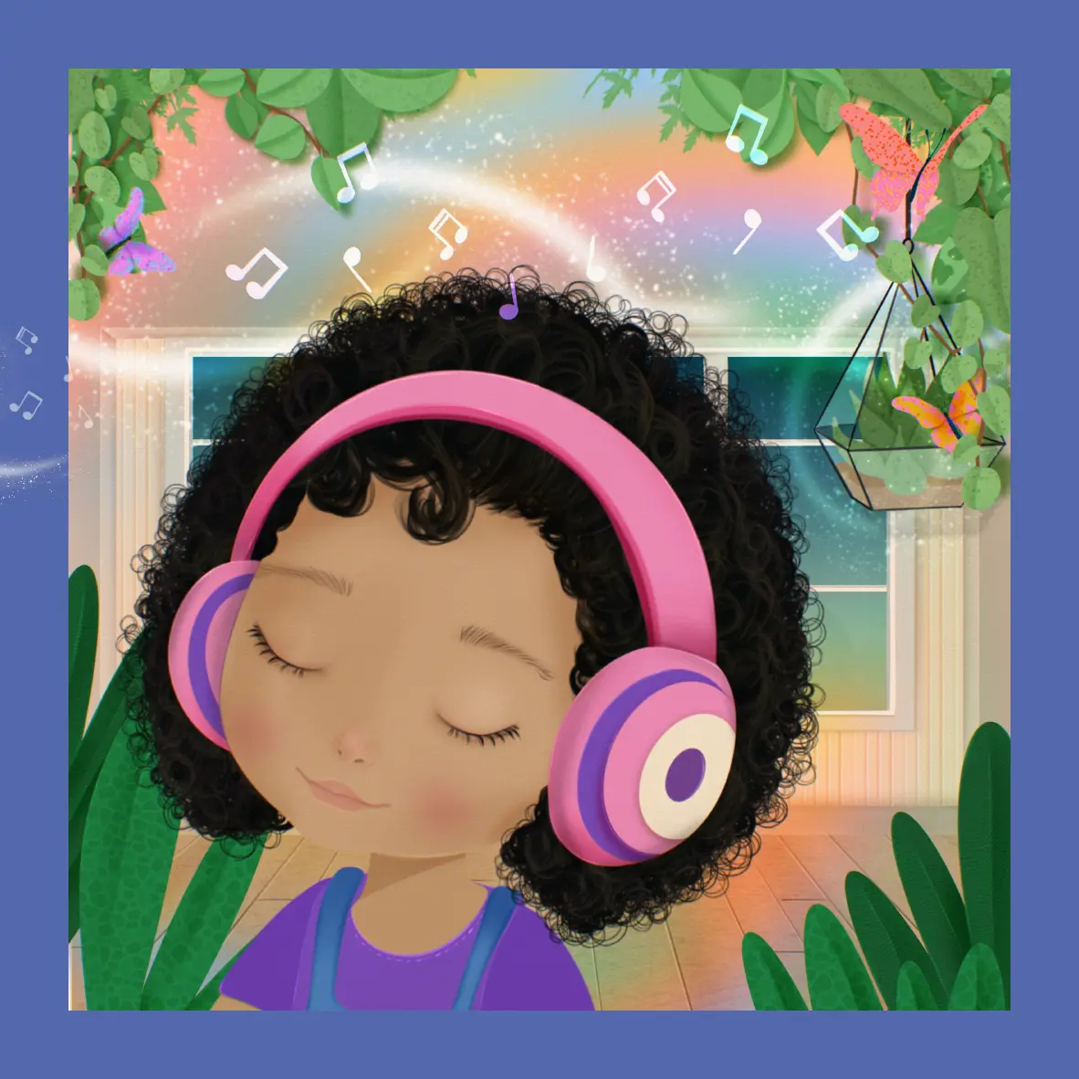 Child with headphones, eyes closed, colorful background.