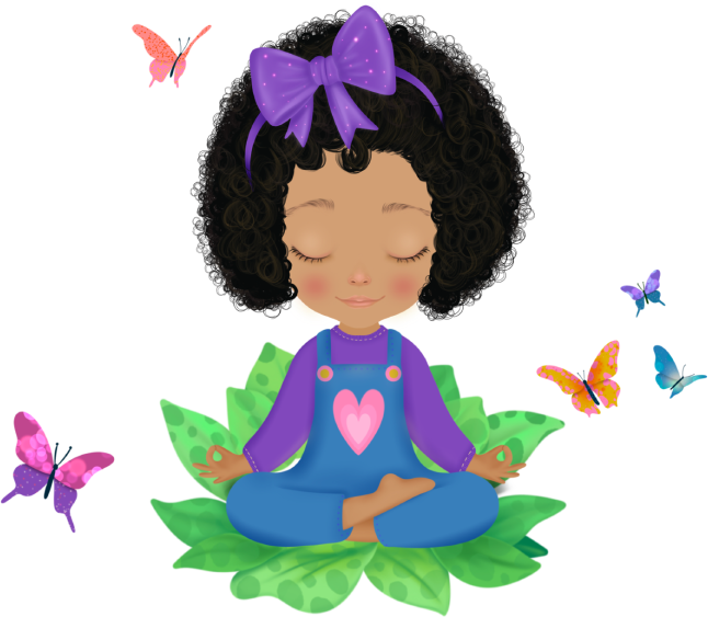 Young girl meditating peacefully on a lotus with butterflies around.