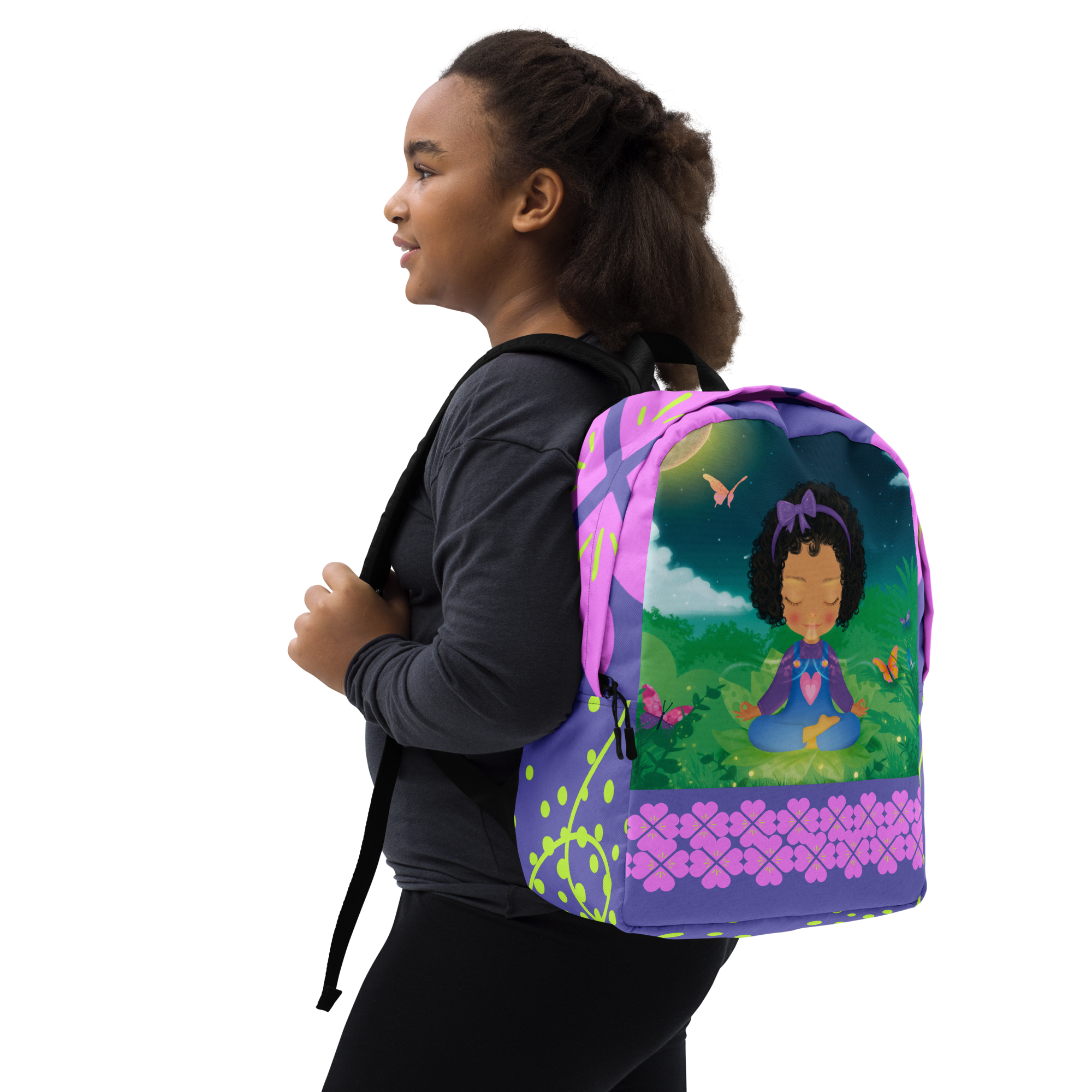 Woman wearing a colorful backpack with a cartoon girl design.