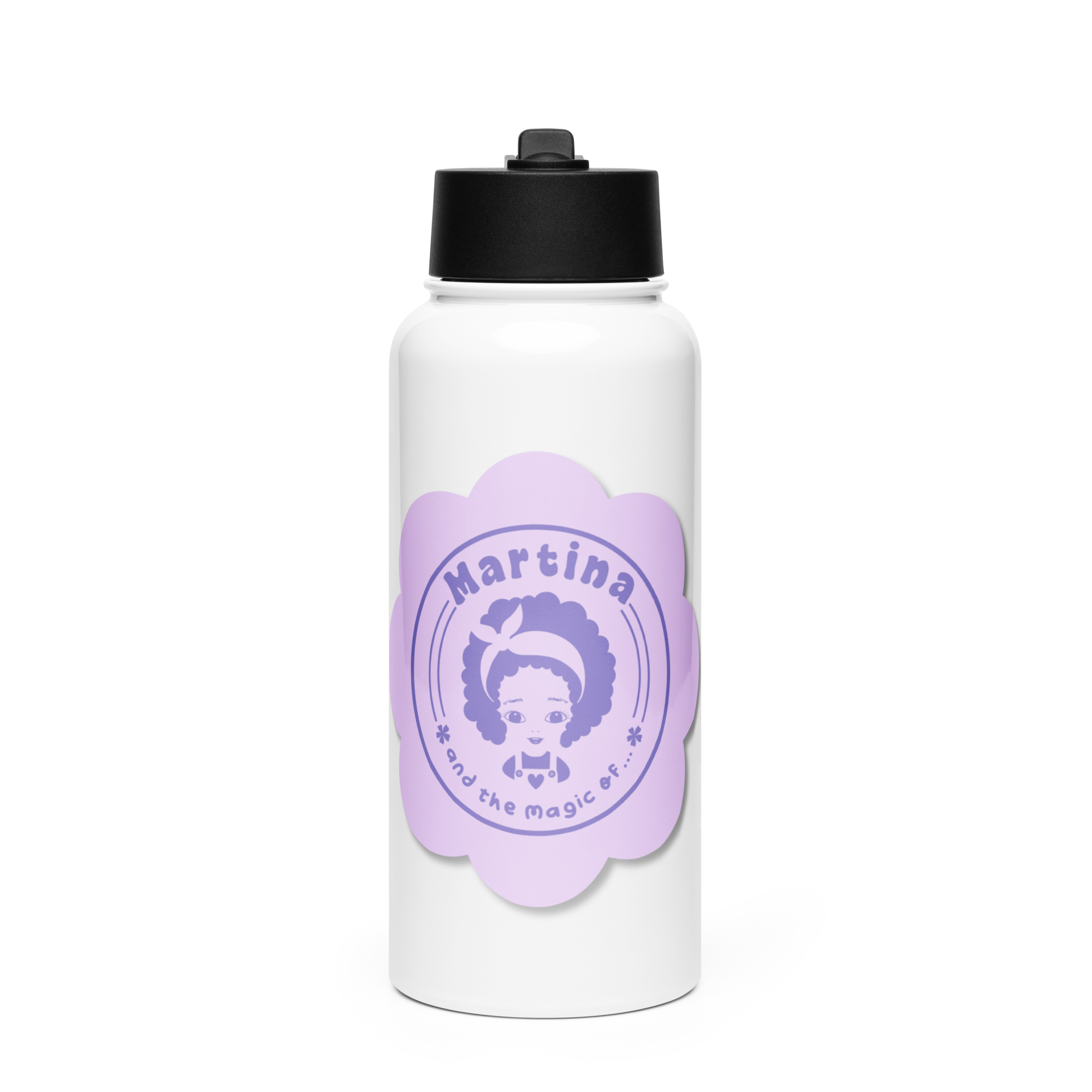 White water bottle with a black cap and purple circular logo.
