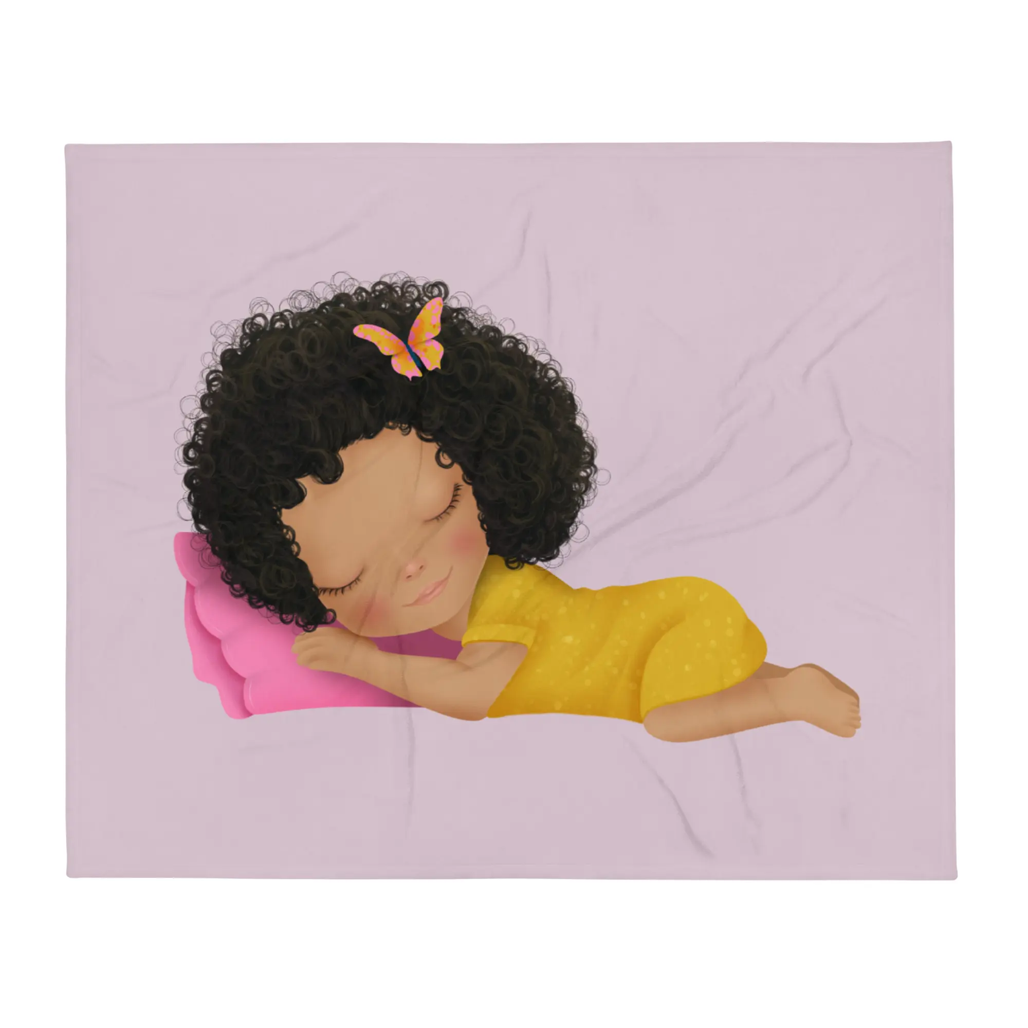A felt art portrait of a person resting with eyes closed, wearing a yellow shirt and a butterfly in their curly hair.
