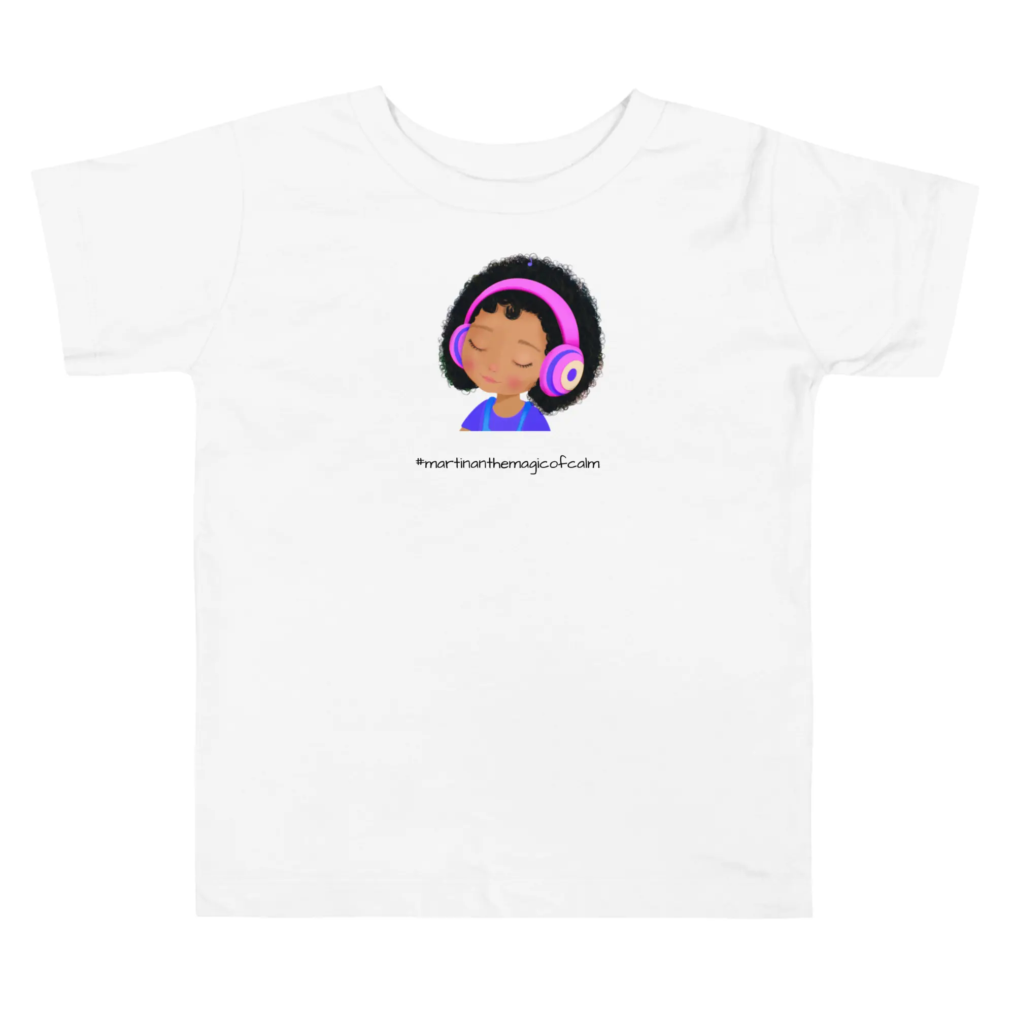 White t-shirt with a cartoon girl and text.