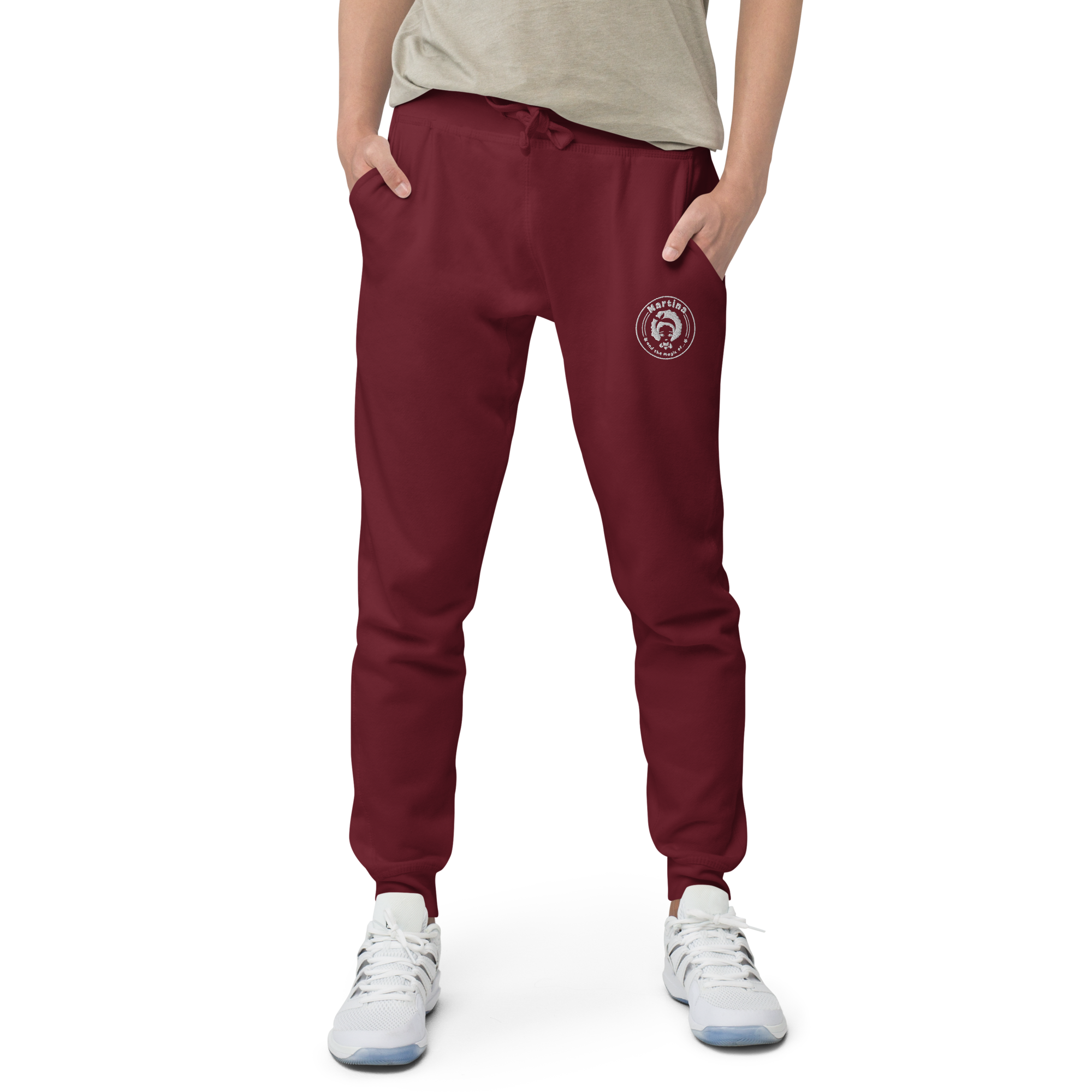 Maroon jogger pants with elastic cuffs and side pockets.