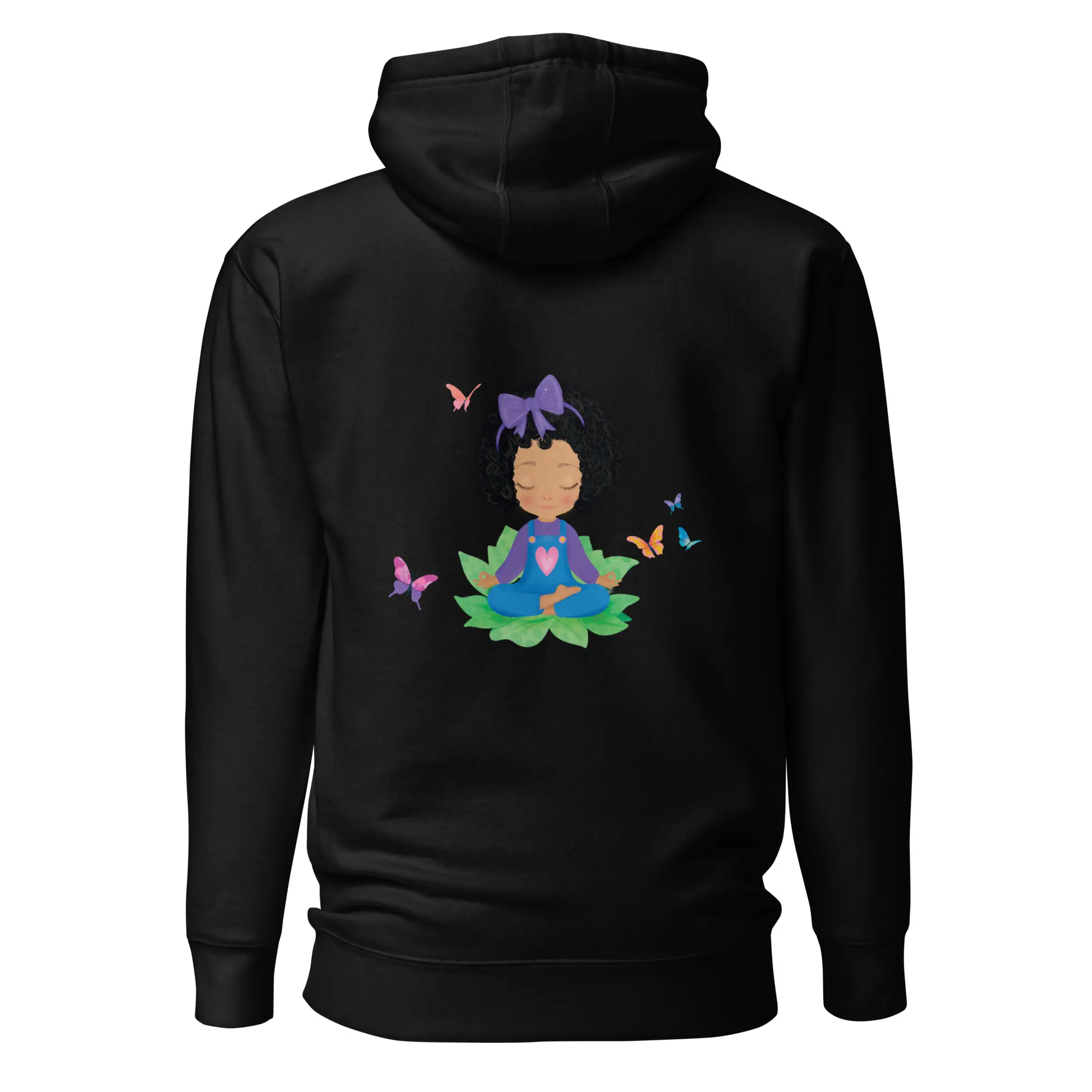 Black hoodie with a colorful fairy and butterflies design on the back.