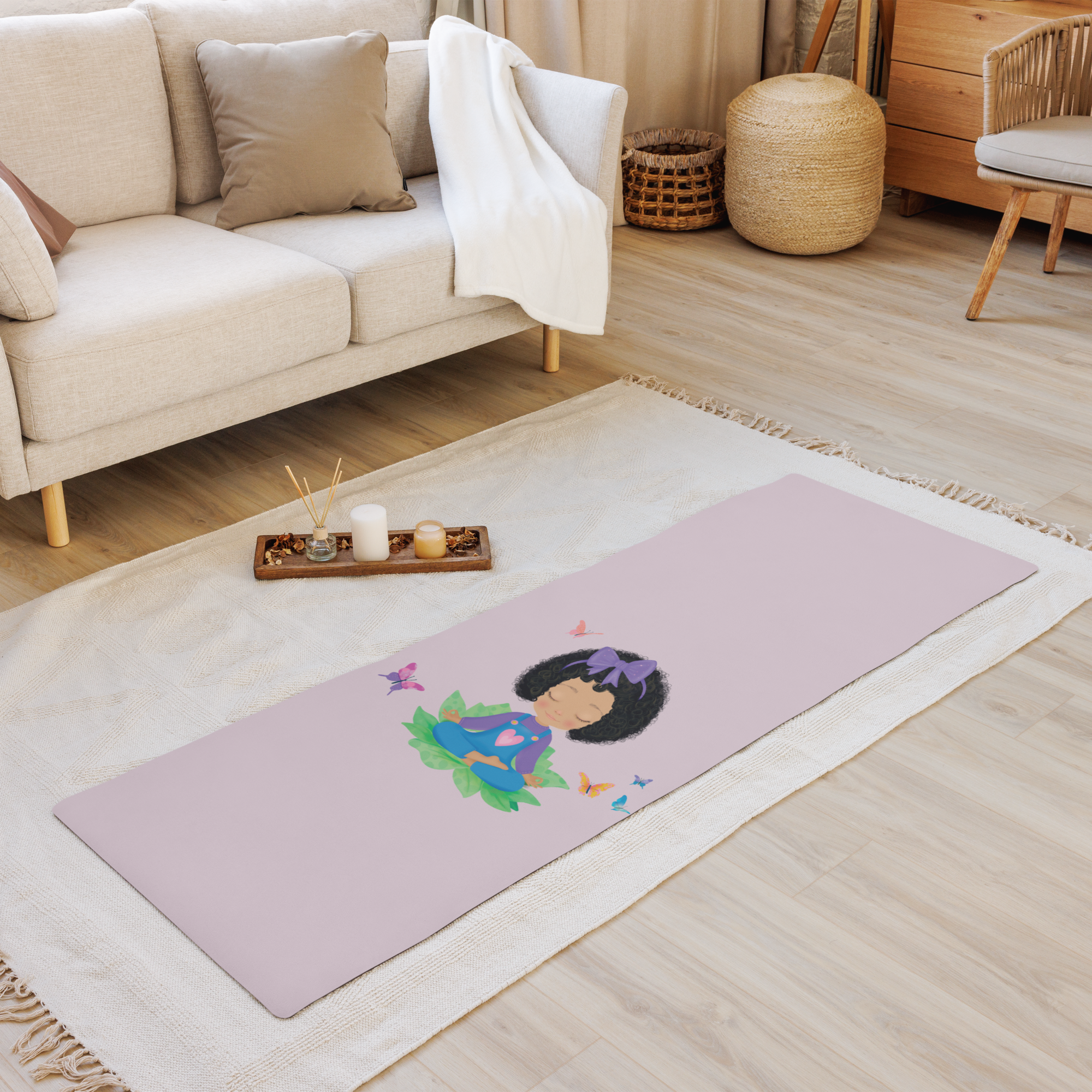 A cozy living room with a pastel pink rug featuring a cute girl and bird design.